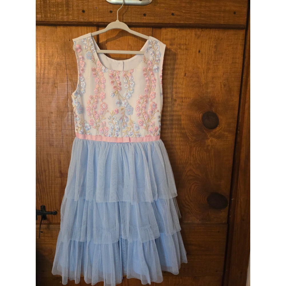 JONA MICHELLE Girls Blue Tulle Embroidered Floral Party Dress Size 8